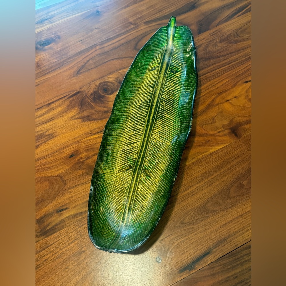 Rare Glass Banana Leaf Platter 19” Green Gold Trav Decorative Dish